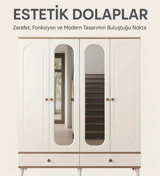 BOHEM 4 KAPAKLI AYNALI MEMBRAN CEVİZ  BEYAZ DOLAP - 5
