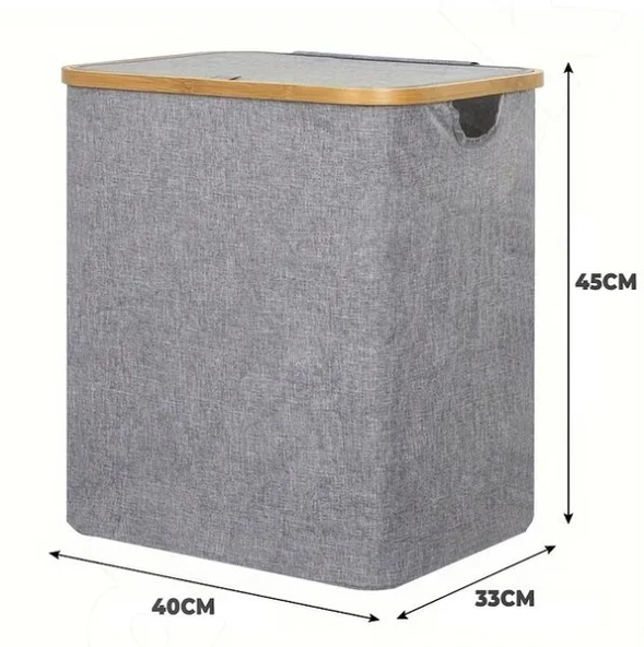 60 Lt Katlanır Kumaş Bambu Çamaşır Sepeti İçi Fileli Kirli Çamaşır Sepeti - 4