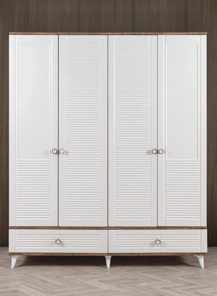 EVİMŞAH PANJURLU 4 KAPAKLI MEMBRAN CEVİZ  BEYAZ DOLAP