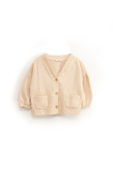 Hırka – Bej Düğmeli Cepli Waffle Kumaş