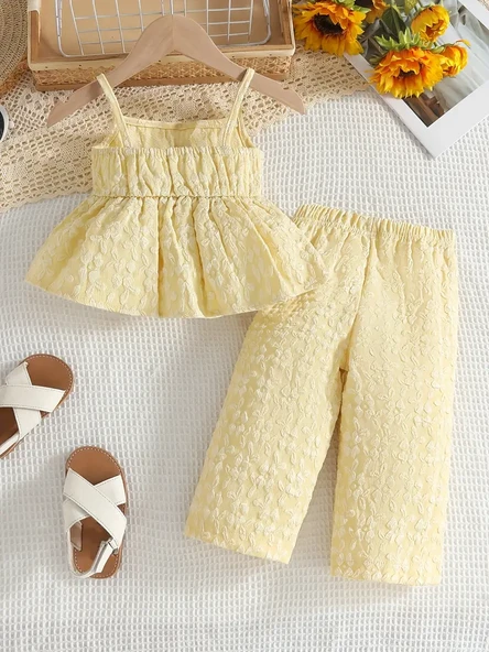 Bebek Yazlık Askılı Bluz & Pantolon Takımı – Sarı Dantel Desenli - 5