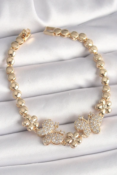 Pirinç Gold Renk Zirkon Taşlı Kelebek Figür Çiçek Zincir Model Kadın Bileklik