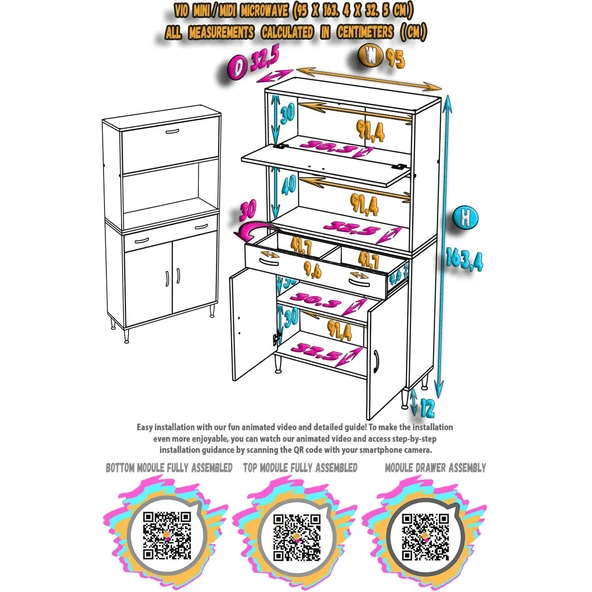 Modilayn VİO (95x163,4x32.5 cm) Çekmeceli, Kapaklı, Ekmeklikli. Mini/Midi Mikrodalga Mutfak Dolabı - Resim 5
