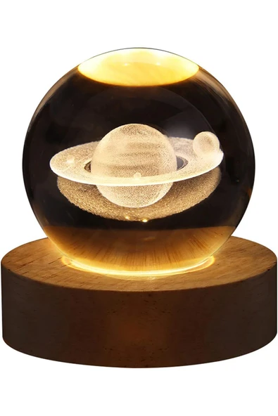3D Satürn Kristal Küre Lamba – USB li Gün Işığı LED Işıklı Ahşap Standlı Dekoratif Masa Lambası - 5