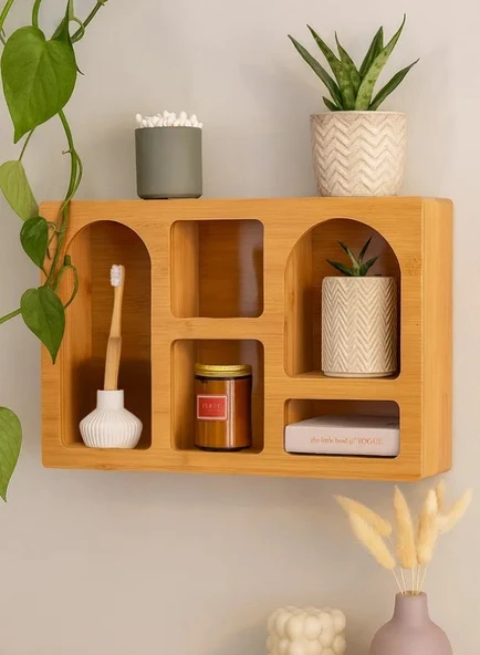 Dekoratif Bambu Duvar Rafı 40X28 Cm Dekor Obje Düzenleyici Organizer Raf ürün görseli
