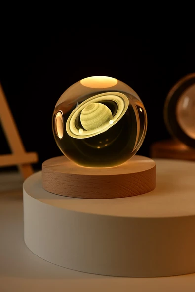 3D Satürn Kristal Küre Lamba – USB li Gün Işığı LED Işıklı Ahşap Standlı Dekoratif Masa Lambası - 1