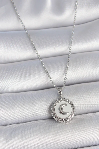 316L Çelik Gümüş Renk Zincir Beyaz Mineli Hilal İşlemeli Madalyon Model Kadın Kolye ürün görseli 1