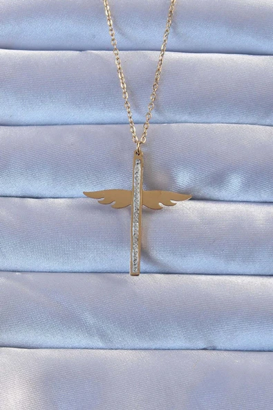 316L Çelik Altın Renk Zirkon Taşlı Mikail Kolye ürün görseli 1