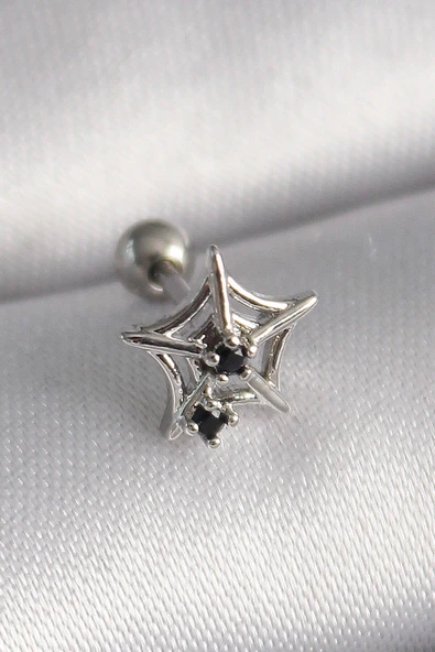 316L Çelik Gümüş Renk Siyah Zirkon Taş Detay Örümcek Ağ Model Tragus Piercing ürün görseli 1