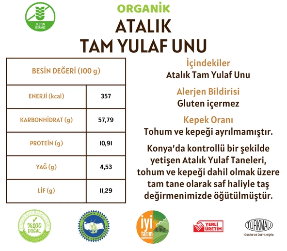 Taş Değirmenden Organik Organik Atalık Tam Yulaf Unu (Gluten İçermez) - 5 Kilo - Resim 2