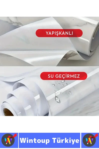 Kolay Temizlenir Isıya Dayanıklı Nem Kir Yağ Su Geçirmez Çok Şık Mermer Desenli Kaplama Kağıdı 5 Mtr - Resim 2