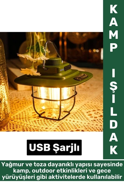 Kamp Piknik Outdoor Asılabilir Tasarım Nostaljik Yağmura Toza Dayanıklı Şarjlı Powerbankli Işıldak