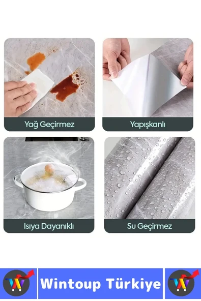 Kolay Temizlenir Isıya Dayanıklı Nem Kir Yağ Su Geçirmez Çok Şık Mermer Desenli Kaplama Kağıdı 5 Mtr - Resim 3