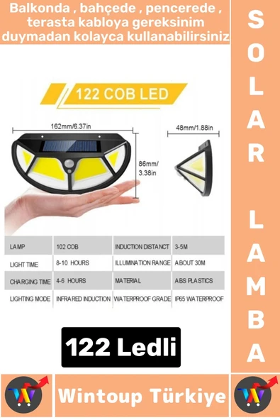 Outdoor Dış Mekan Aydınlatma Güneş Enerjili Fonksiyonel Sensör 3 Modlu 122 Led Solar Bahçe Lambası