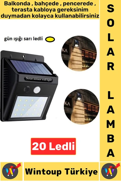 Outdoor Dış Mekan Bahçe Aydınlatma Güneş Enerjili Hareket Sensörlü Gün Işığı 20 Ledli Solar Lamba