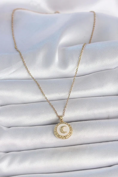 316L Çelik Gold Renk Zincir Beyaz Mineli Hilal İşlemeli Madalyon Model Kadın Kolye - 2