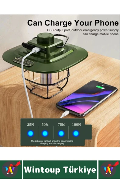 Kamp Piknik Outdoor Asılabilir Tasarım Nostaljik Yağmura Toza Dayanıklı Şarjlı Powerbankli Işıldak - 3