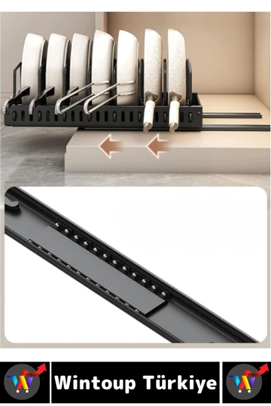 Mutfak Dolap İçi Tezgah Dağınıklık Önleyen Montajsız Teleskopik Raylı Tava Tencere Organizeri - Resim 4
