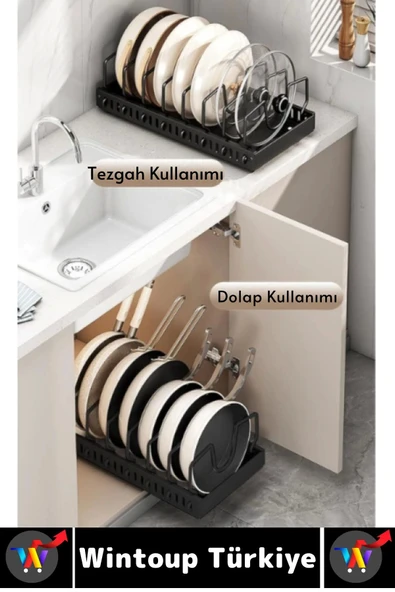 Mutfak Dolap İçi Tezgah Dağınıklık Önleyen Montajsız Teleskopik Raylı Tava Tencere Organizeri - Resim 6