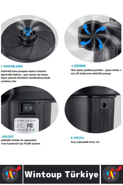 Premium Kamp Outdoor Su Sporları Şişirme Boşaltma 3 Başlıklı Çift Yönlü Elektrikli Hava Pompası - Resim 3
