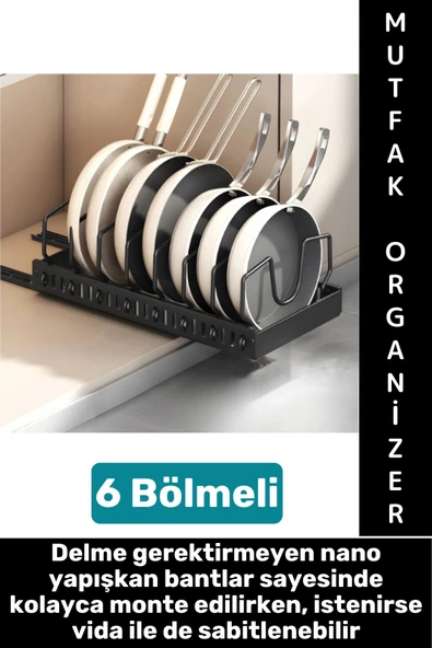 Mutfak Dolap İçi Tezgah Dağınıklık Önleyen Montajsız Teleskopik Raylı Tava Tencere Organizeri ürün görseli