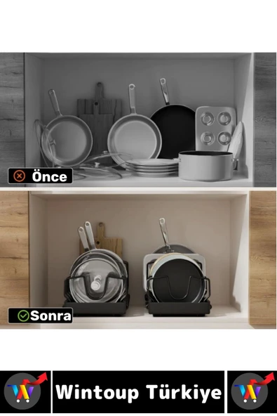 Mutfak Dolap İçi Tezgah Dağınıklık Önleyen Montajsız Teleskopik Raylı Tava Tencere Organizeri - Resim 7