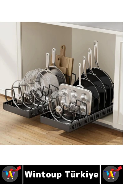 Mutfak Dolap İçi Tezgah Dağınıklık Önleyen Montajsız Teleskopik Raylı Tava Tencere Organizeri - Resim 5