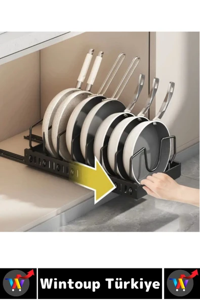 Mutfak Dolap İçi Tezgah Dağınıklık Önleyen Montajsız Teleskopik Raylı Tava Tencere Organizeri - Resim 3