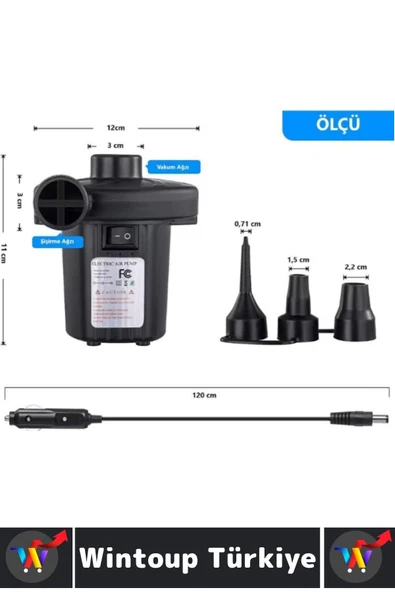 Premium Kamp Outdoor Su Sporları Şişirme Boşaltma 3 Başlıklı Çift Yönlü Elektrikli Hava Pompası - Resim 4
