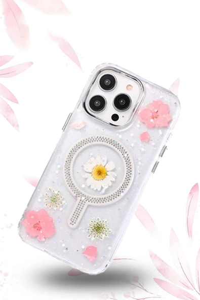 iPhone 15 Pro Flower Magsafe Kapak - Krem - Resim 3