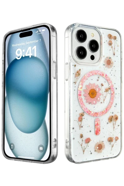 iPhone 15 Pro Kılıf Daisy Simli Magsafe Kapak - Pembe ürün görseli