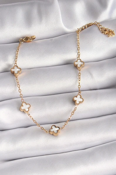 316L Çelik Gold Renk Beyaz Baby Boy Yonca Model Kadın Bileklik ürün görseli 1