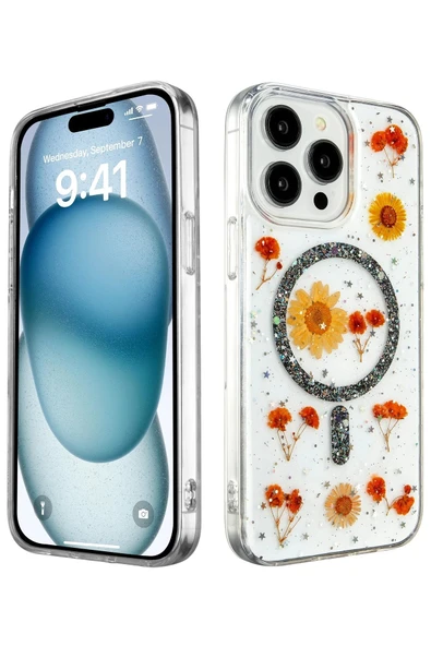 iPhone 15 Pro Kılıf Daisy Simli Magsafe Kapak - Siyah ürün görseli