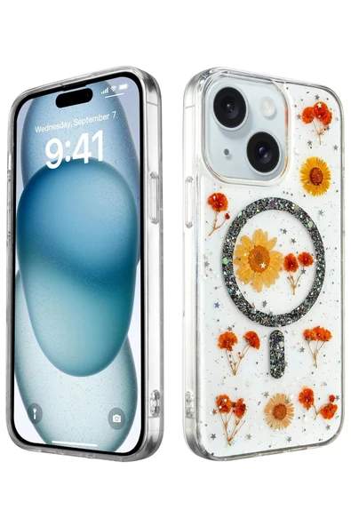 iPhone 15 Plus Kılıf Daisy Simli Magsafe Kapak - Siyah ürün görseli