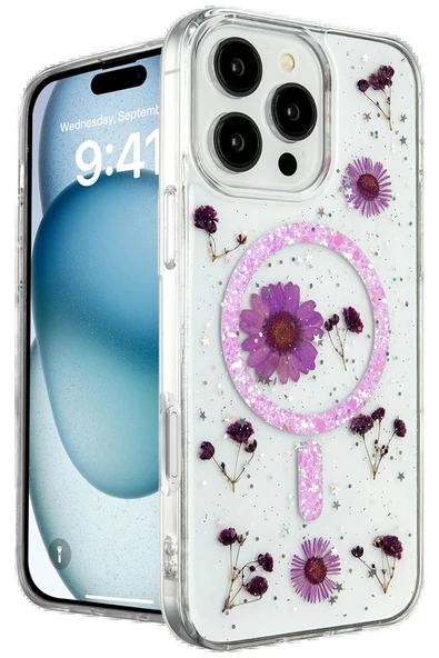 iPhone 16 Pro Max Kılıf Daisy Simli Magsafe Kapak - Mor ürün görseli