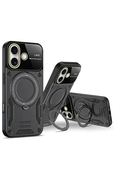 iPhone 16 Kılıf Joy Lens Standlı Kapak - Koyu Yeşil - Resim 3