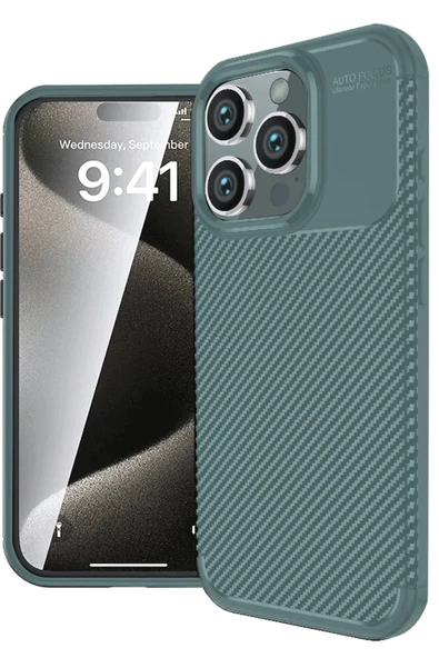 iPhone 16 Pro Kılıf Auto Focus Karbon Kapak - Koyu Yeşil ürün görseli 1