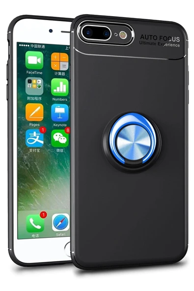 iPhone 7 Plus Kılıf Range Yüzüklü Silikon - Siyah-Mavi ürün görseli