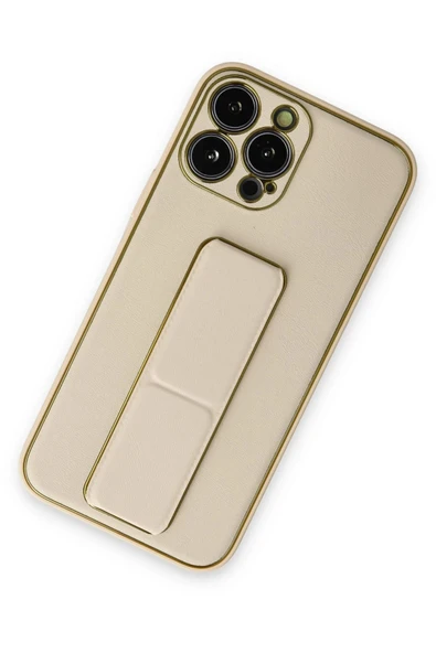 iPhone 13 Pro Kılıf Coco Deri Standlı Kapak - Gold - Resim 2