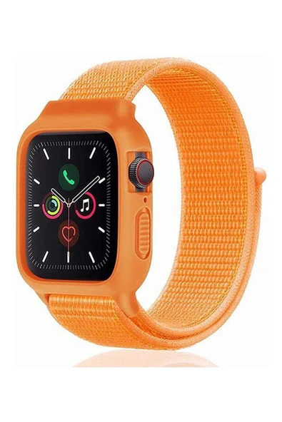 Apple Watch 42mm Hasırlı Cırtcırtlı Kasalı Kordon - Turuncu ürün görseli