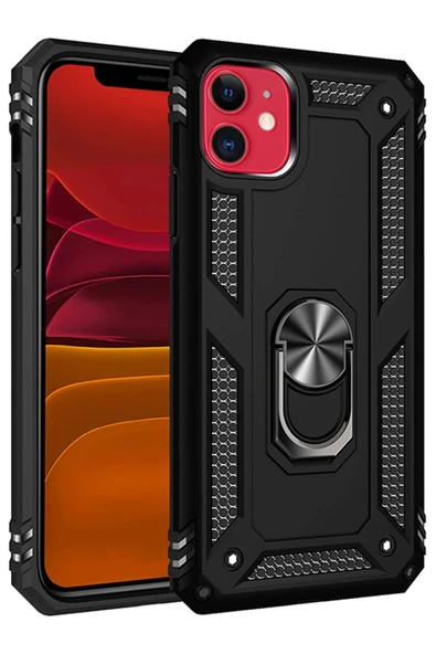 iPhone 11 Kılıf Sofya Yüzüklü Silikon Kapak - Siyah ürün görseli