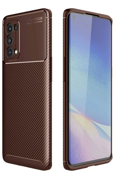 Oppo Reno 5 Pro Kılıf Auto Focus Karbon Kapak - Kahverengi ürün görseli