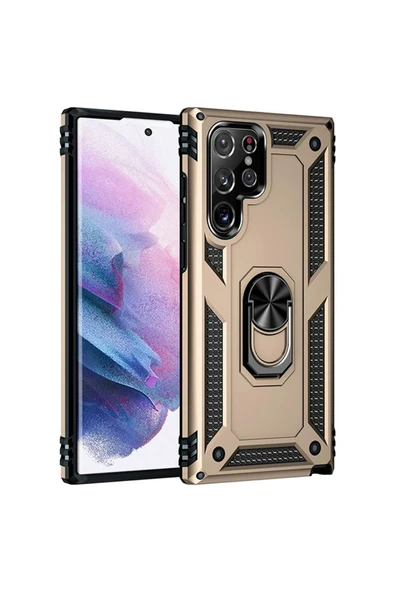 Samsung Galaxy S21 Ultra Kılıf Sofya Yüzüklü Silikon Kapak - Gold ürün görseli
