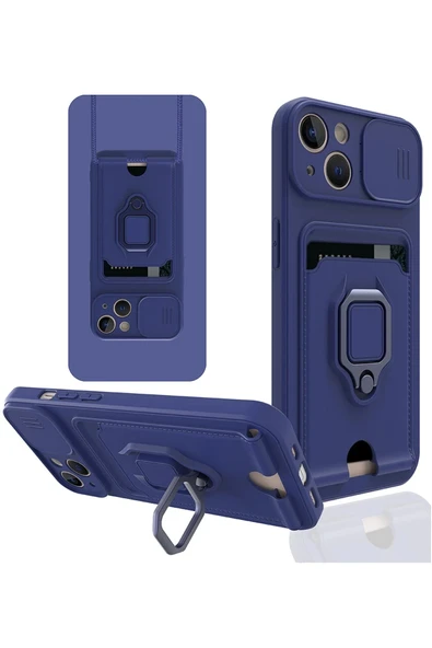 iPhone 14 Kılıf Zuma Kartvizitli Yüzüklü Silikon - Lacivert ürün görseli