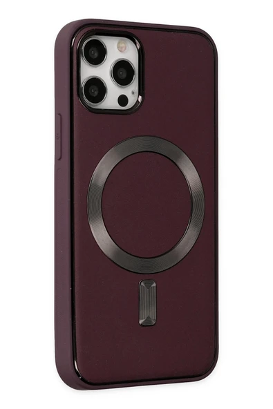 iPhone 12 Pro Max Kılıf Coco Deri Magneticsafe Silikon - Bordo - Resim 2
