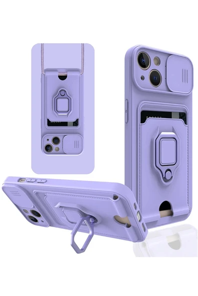 iPhone 14 Kılıf Zuma Kartvizitli Yüzüklü Silikon - Lila ürün görseli
