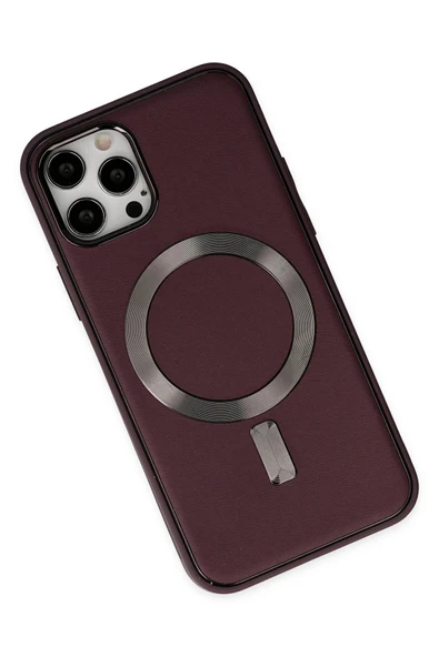 iPhone 12 Pro Max Kılıf Coco Deri Magneticsafe Silikon - Bordo - Resim 3