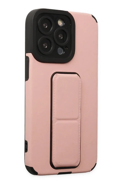 iPhone 14 Pro Kılıf Mega Standlı Silikon - Pudra - Resim 5