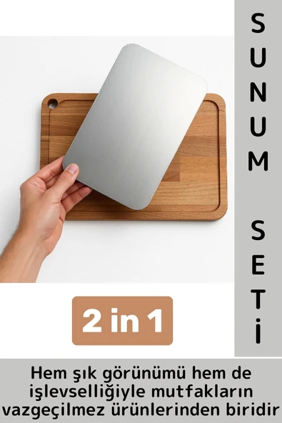 Dayanıklı Mutfak Kesme Sunum Çok Amaçlı Şık Ahşap Çelik Çıkarılabilir Kesme Tahtası Sunum Set 2 in 1 ürün görseli