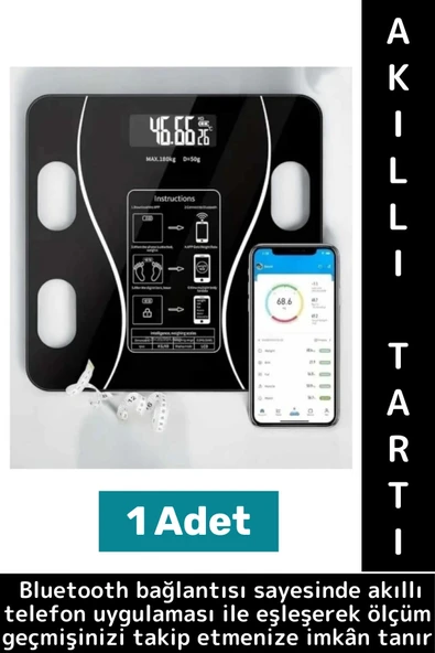 Premium Yağ Kas Su Kemik Ölçümü 180 Kg Kapasite Bluetooth Kontrollü Dijital LCD Ekran Akıllı Tartı ürün görseli